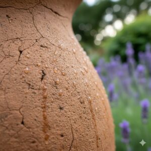 Nahaufnahme der Textur einer gartendeko lehmfiguren wetterfest mit Wassertropfen auf der Oberfläche.