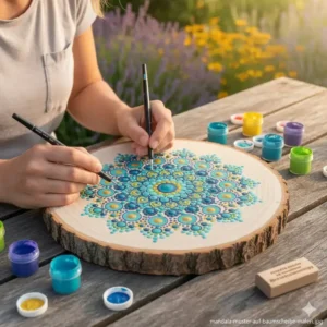 Ein detailliertes Mandala-Muster beim gartendeko baumscheiben bemalen.