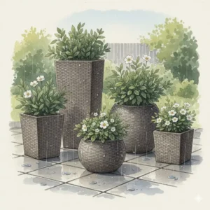 Moderne, wetterfeste Polyrattan-Gefäße passend zum Thema gartendeko korbwaren pflanzgefäße.