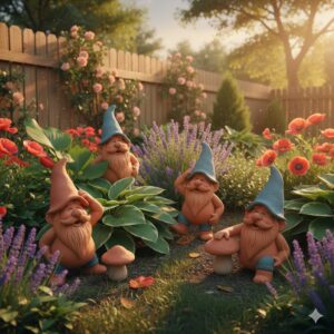Lustige Figuren im Zwergen-Stil für die Kategorie gartendeko lehmfiguren wetterfest in einem bunten Blumenbeet.