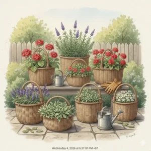 Vielfältige Arrangements im Landhausstil für gartendeko korbwaren pflanzgefäße mit Kräutern.