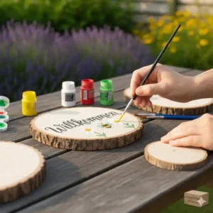 Ein handgemaltes Willkommensschild durch gartendeko baumscheiben bemalen.