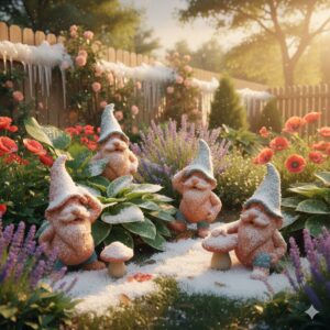Frostbeständige gartendeko lehmfiguren wetterfest im Winter unter einer leichten Schneeschicht im Garten.