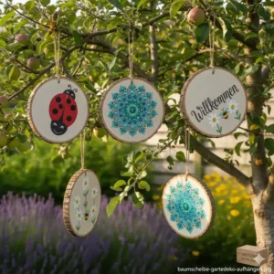 Fertige Ergebnisse von gartendeko baumscheiben bemalen an einem Baum hängend.