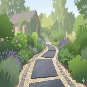 Moderne gartendeko schieferplatten trittsteine kombiniert mit hellem Zierkies für ein minimalistisches Design.