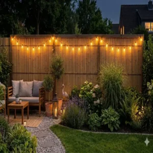 Gemütliche Beleuchtung kombiniert mit gartendeko bambus sichtschutz garten am Abend.