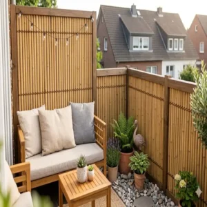 Kleiner Balkon mit praktischer gartendeko bambus sichtschutz garten Lösung.