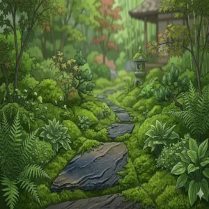 Harmonische Einbindung von gartendeko schieferplatten trittsteine in einen japanischen Steingarten mit Moos.