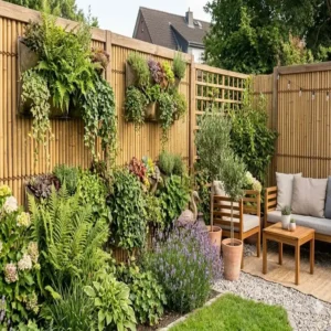 Vertikaler Garten und frische Pflanzen als gartendeko bambus sichtschutz garten Element.