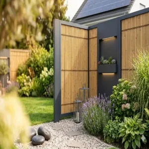 Moderner Materialmix aus Anthrazit und gartendeko bambus sichtschutz garten.