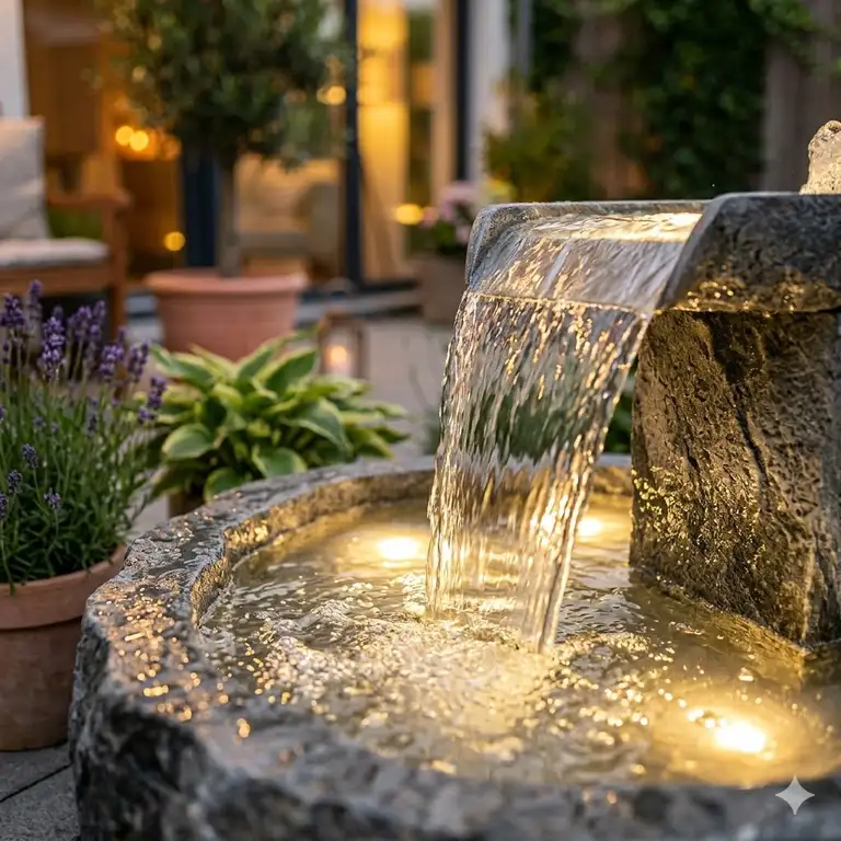 Ein moderner gartendeko gartenbrunnen mit led licht auf einer Terrasse in Deutschland.