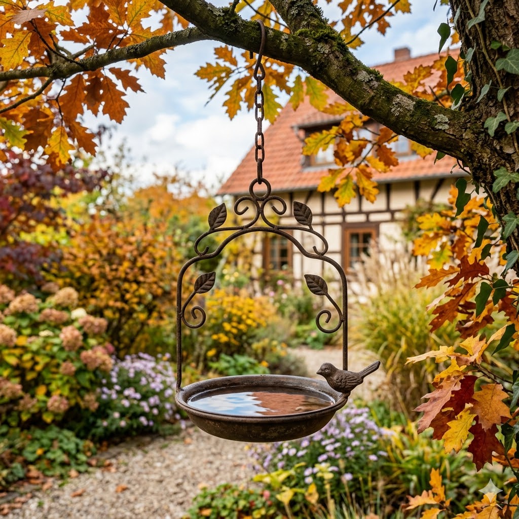 Eine wunderschöne gartendeko vogeltränke hängend metall im herbstlichen Garten vor einem Fachwerkhaus.