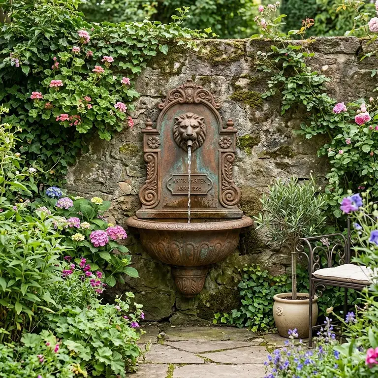 Ein schöner Garten mit Blumen und einem gartendeko wandbrunnen antik an der Steinwand.