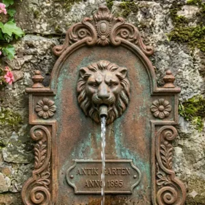 Nahaufnahme vom Löwenkopf an einem gartendeko wandbrunnen antik aus Gusseisen.