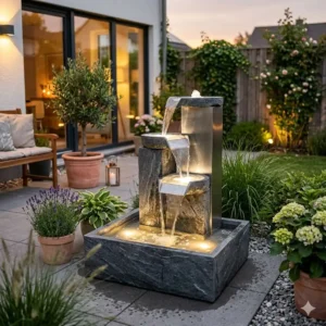 Nahaufnahme der Beleuchtung im gartendeko gartenbrunnen mit led licht.