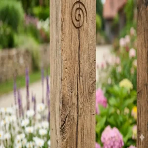 Detailansicht der Maserung einer Gartendeko Holzstelen rustikal aus Altholz.