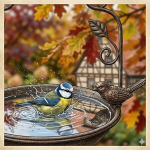 Ein kleiner Singvogel nutzt die gartendeko vogeltränke hängend metall zum Baden und Trinken.