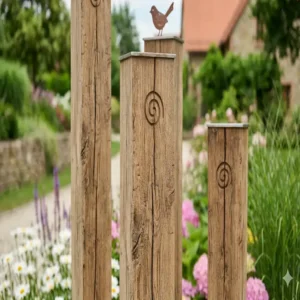 Ein harmonisches Set der Gartendeko Holzstelen rustikal in verschiedenen Größen.