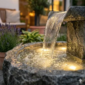 Ein rustikaler Steinbrunnen als gartendeko gartenbrunnen mit led licht für den Garten.