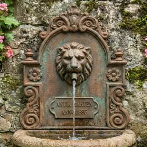 Die rustikale Steinstruktur von einem gartendeko wandbrunnen antik für die Terrasse.