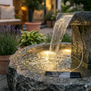 Umweltfreundlicher Solar gartendeko gartenbrunnen mit led licht im Außenbereich.