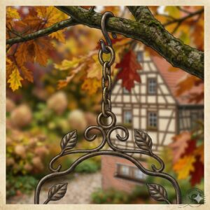 Detailansicht der stabilen Kettenaufhängung für eine gartendeko vogeltränke hängend metall an einem Baum.