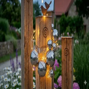 Stimmungsvoll beleuchtete Gartendeko Holzstelen rustikal für den Abend.