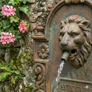 Mediterranes Flair durch einen gartendeko wandbrunnen antik an einer Hauswand.