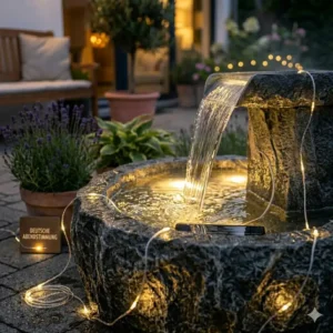 Stimmungsvolle Nachtansicht der gartendeko gartenbrunnen mit led licht.