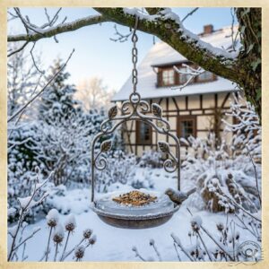 Eine verschneite gartendeko vogeltränke hängend metall als Futterstelle im winterlichen Garten.