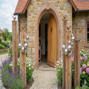 Gartendeko Holzstelen rustikal als dekorativer Empfang am Hauseingang.