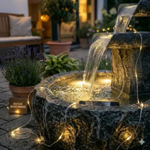 Mehrstufiger Kaskadenbrunnen als gartendeko gartenbrunnen mit led licht.