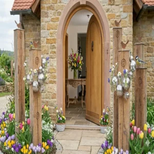 Gartendeko Holzstelen rustikal kombiniert mit bunten Blumen im Frühling.