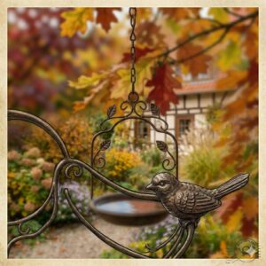 Dekorative Verzierungen und Vogelfiguren an einer gartendeko vogeltränke hängend metall aus Schmiedeeisen.