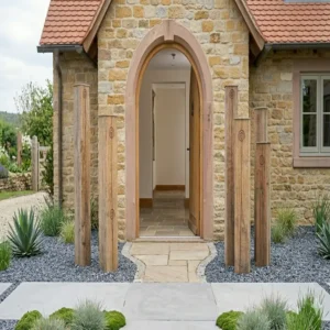 Moderne und minimalistische Platzierung der Gartendeko Holzstelen rustikal.