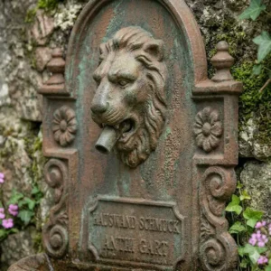 Klassische Ornamente und Verzierungen an einem gartendeko wandbrunnen antik im Garten