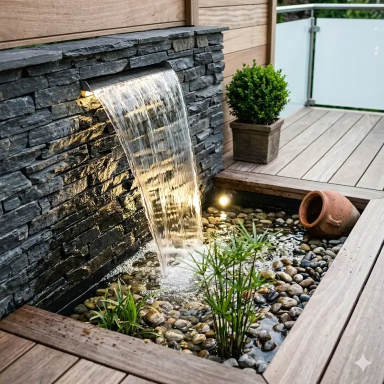 Moderner Gartendeko Wasserfall Terrassen mit LED-Beleuchtung und Steinwand.