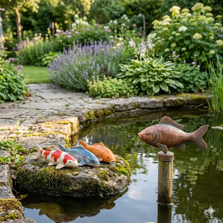 Moderne Inspiration für gartendeko fischfiguren teichdeko am Gartenrand.