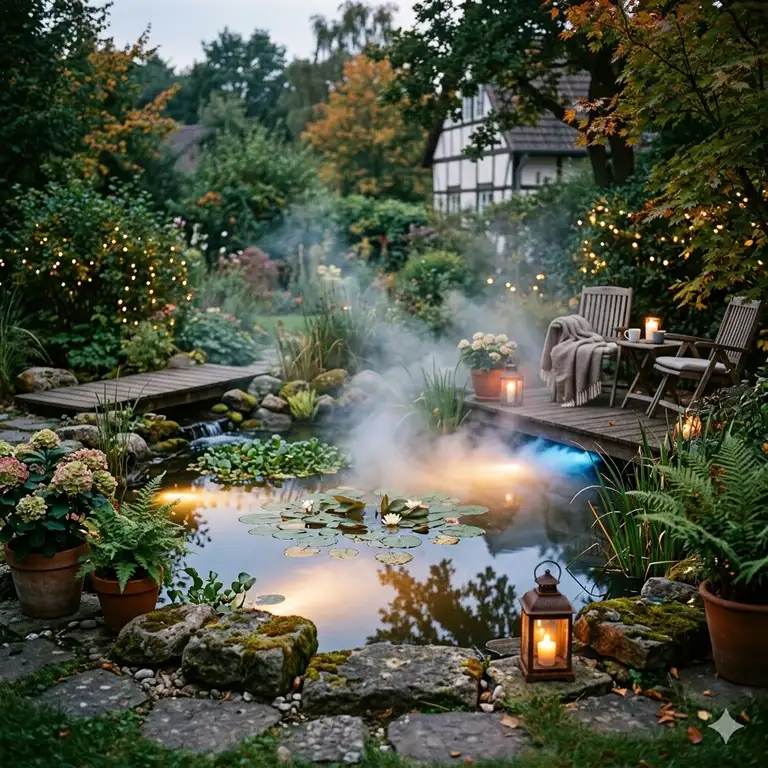 Romantic garden atmosphere created by a "gartendeko nebelmaschine teich" installation with warm lights at twilight.