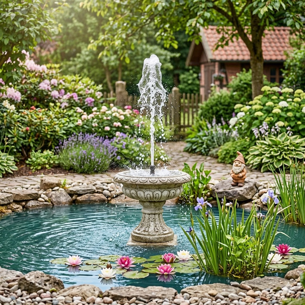 Ein schöner Gartenteich mit einem modernen gartendeko teichbelüfter springbrunnen und Seerosen.