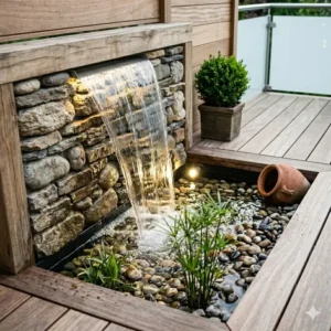 Stilvoller Edelstahl Gartendeko Wasserfall Terrassen im minimalistischen Design.