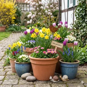 Harmonische Farbkombinationen und Ideen für gartendeko frühlingsblumen kübel im Garten.