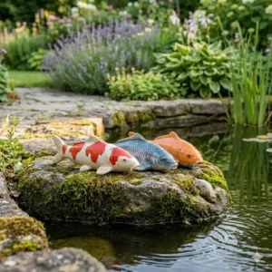 Detailansicht der Koi-Karpfen als gartendeko fischfiguren teichdeko auf einem Stein.