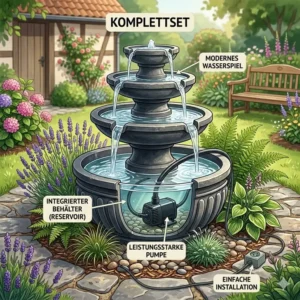 Detailgrafik zur technischen Installation einer gartendeko wasserspiel mit pumpe und behälter mit allen Komponenten.