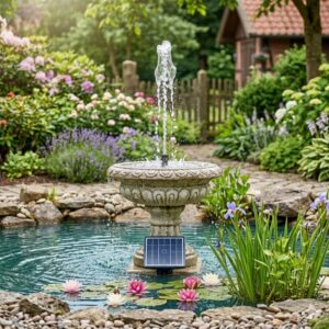 Ein umweltfreundlicher Solar gartendeko teichbelüfter springbrunnen im sonnigen Garten.