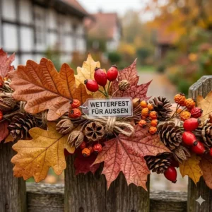 Detailaufnahme der Textur einer gartendeko herbstlaub girlande außen für herbstliche Stimmung.
