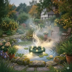 A floating, glowing fog machine unit on the water, part of a "gartendeko nebelmaschine teich" setup, surrounded by aquatic plants.