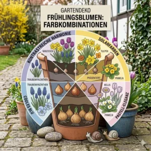 Harmonische Farbkombinationen und Ideen für gartendeko frühlingsblumen kübel im Garten.