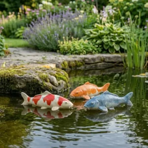 Schwimmende Elemente für gartendeko fischfiguren teichdeko im klaren Wasser.