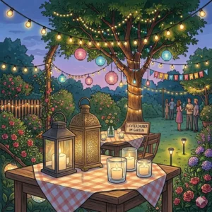 Windlichter und Laternen auf dem Tisch als dekorative Sommerparty Beleuchtung.